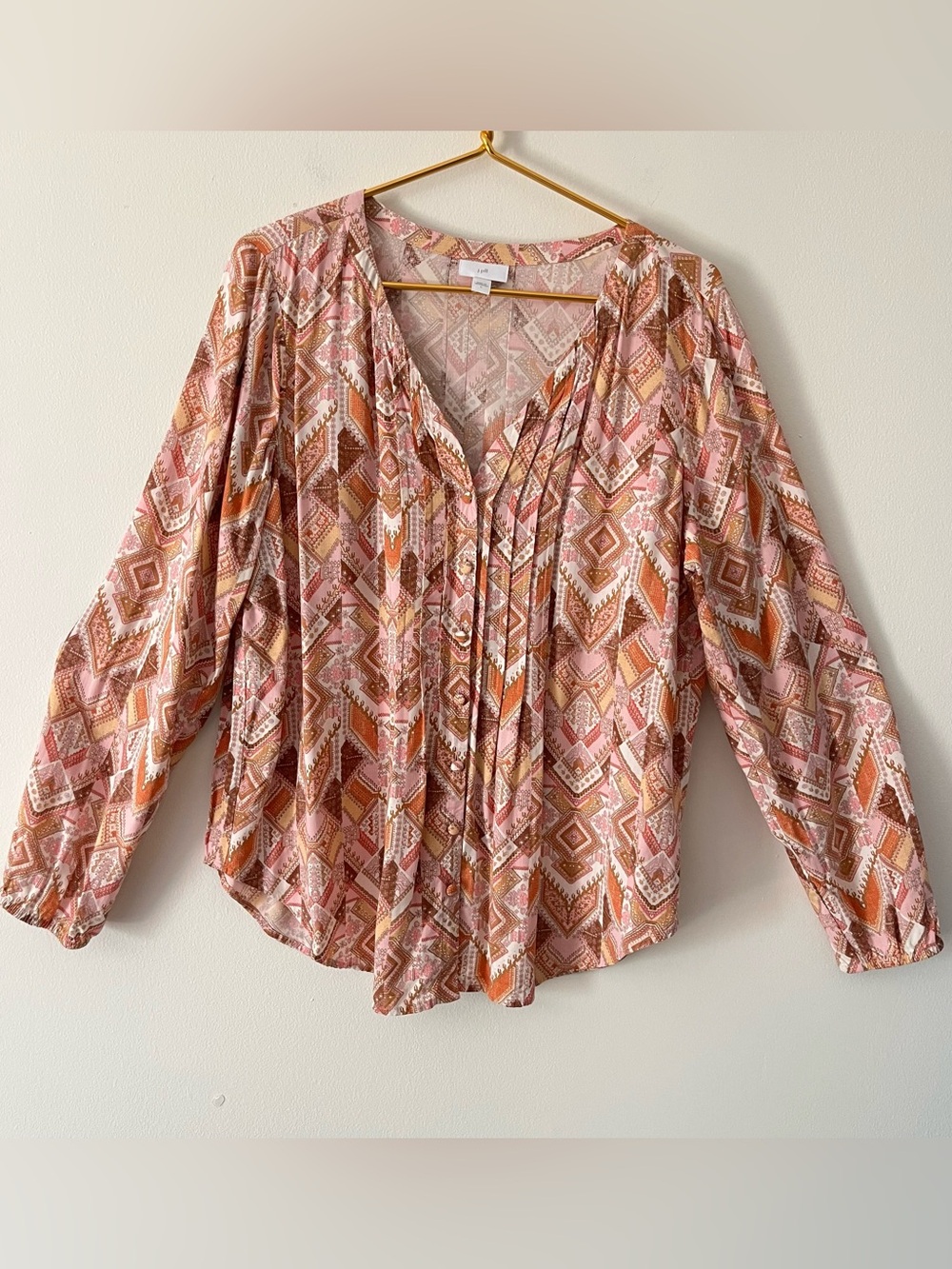 J. Jill Cream, Pink & Orange Aztec V-Neck Button Up Relaxed Flowy Peasant Top L